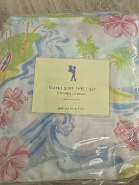 Pottery Barn Kids Island Surf Sheet Set Tropical Floral Multicolor/pink Twin Nwt
